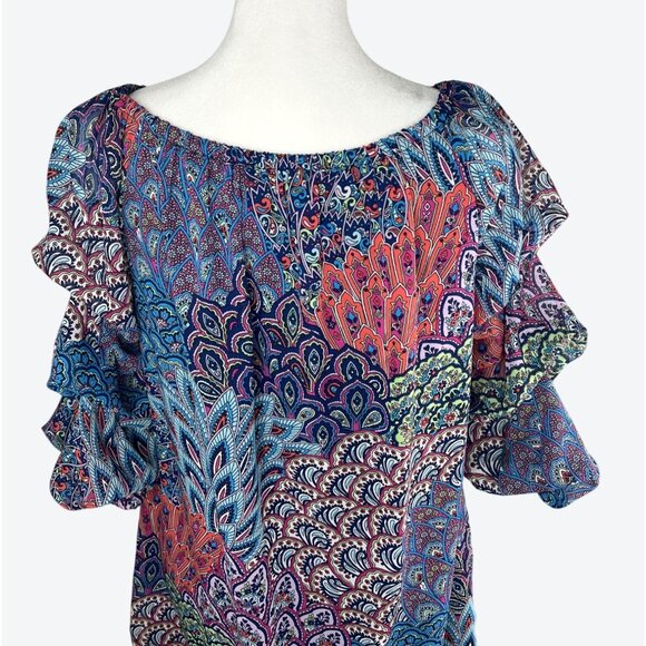 MSK Petite Womens Vibrant Multicolored Paisley Tunic Dress 3/4 Ruched Sleeves PM - Picture 3 of 14